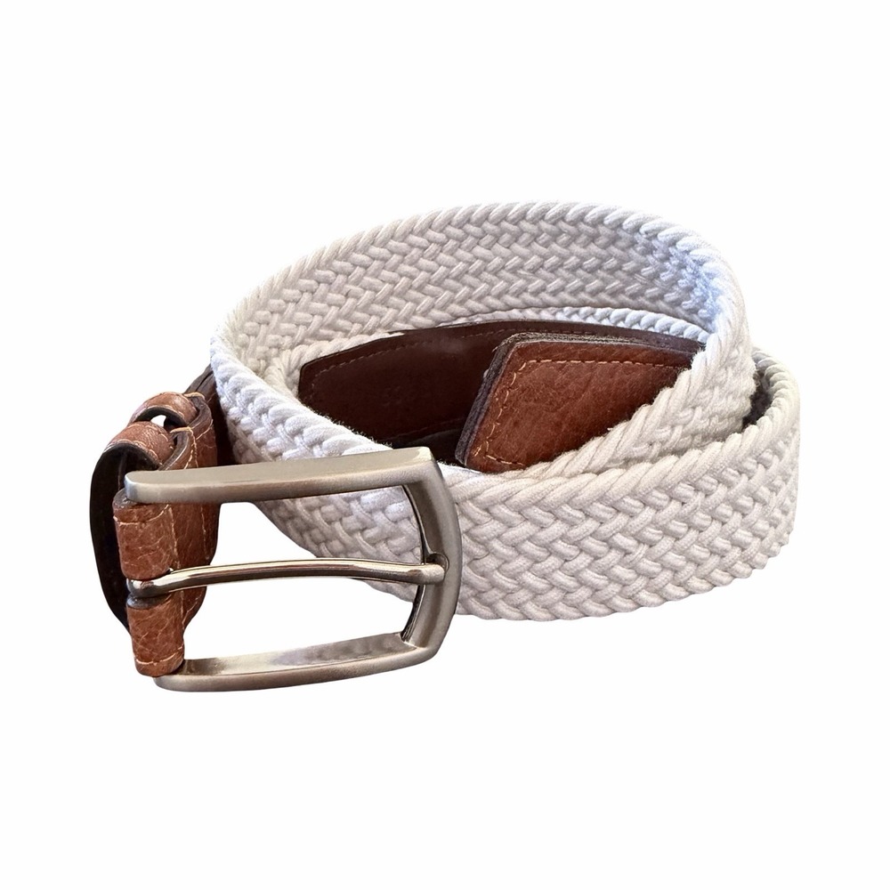 Torino Mens Italian Woven Cotton Leather Elastic Belt Size 38 White USA Made